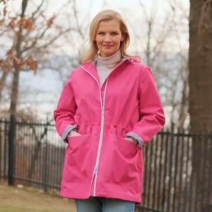 Nuage AtmoDry Hooded Rain Jacket Sz XL Pink Waterproof Long Breathable Bright